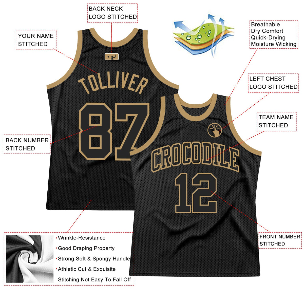 Custom Black Black-Old Gold Authentic Throwback Basketball Jersey - Back