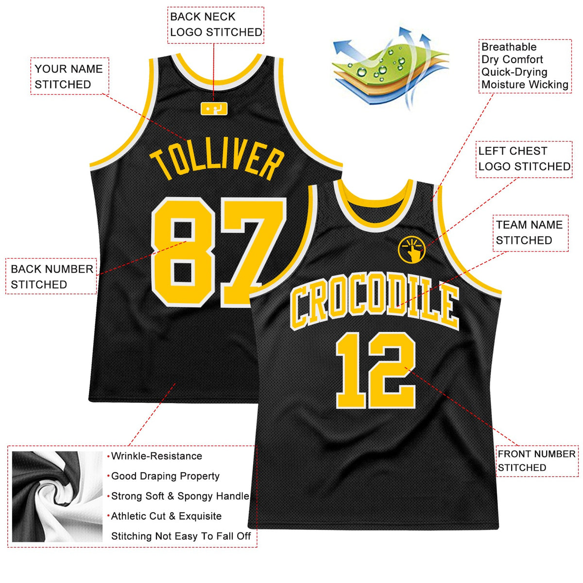Custom Black Gold-White Authentic Throwback Basketball Jersey - Front