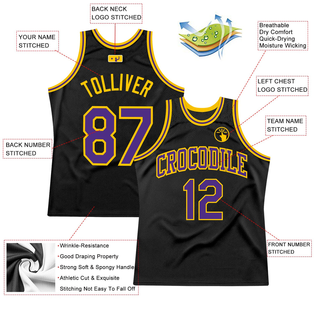 Custom Black Purple-Gold Authentic Throwback Basketball Jersey - Back