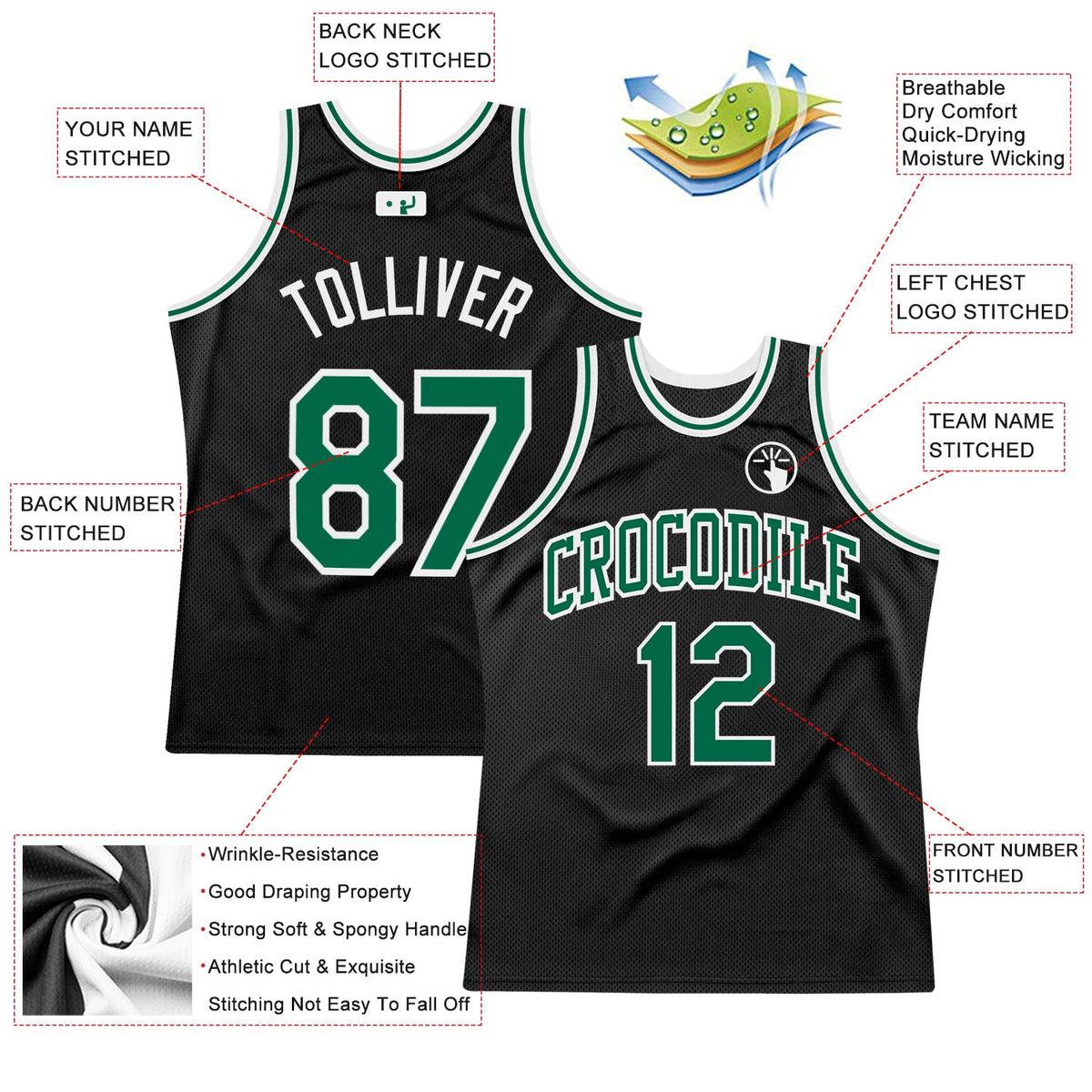 Custom Black Kelly Green-White Authentic Throwback Basketball Jersey - Front