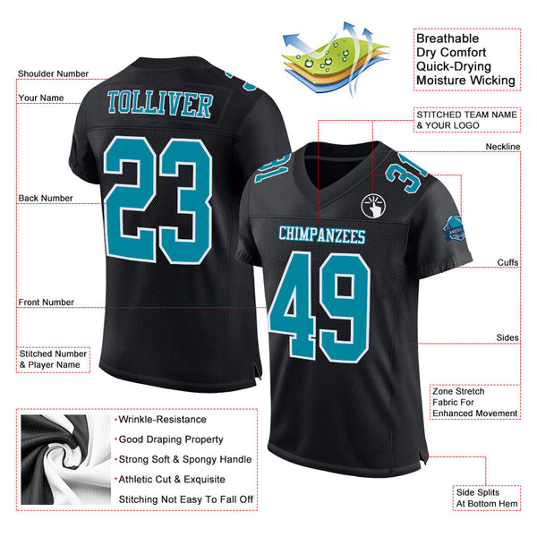 Custom Black Teal-White Mesh Authentic Football Jersey alternate