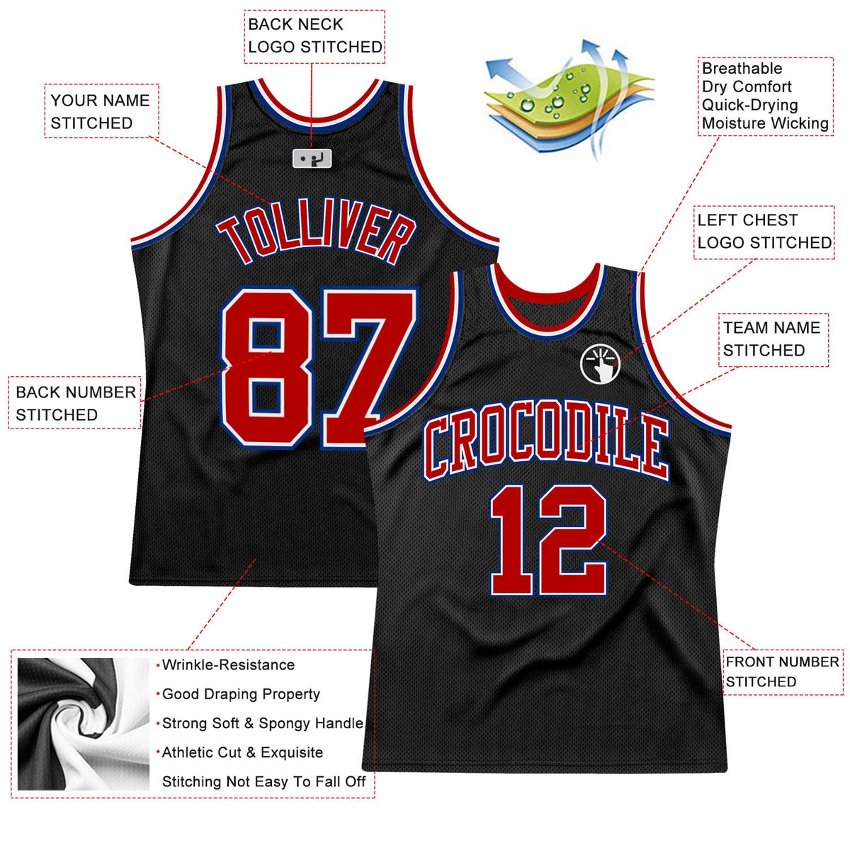 Custom Black Red-Royal Authentic Throwback Basketball Jersey - Back