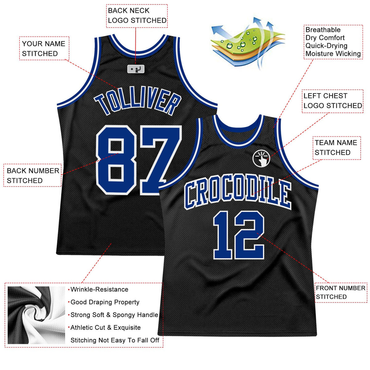 Custom Black Royal-White Authentic Throwback Basketball Jersey - Back