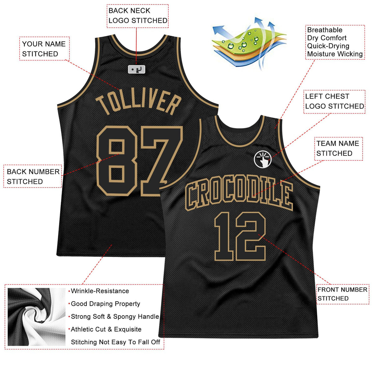 Custom Black Black-Old Gold Authentic Throwback Basketball Jersey - Back