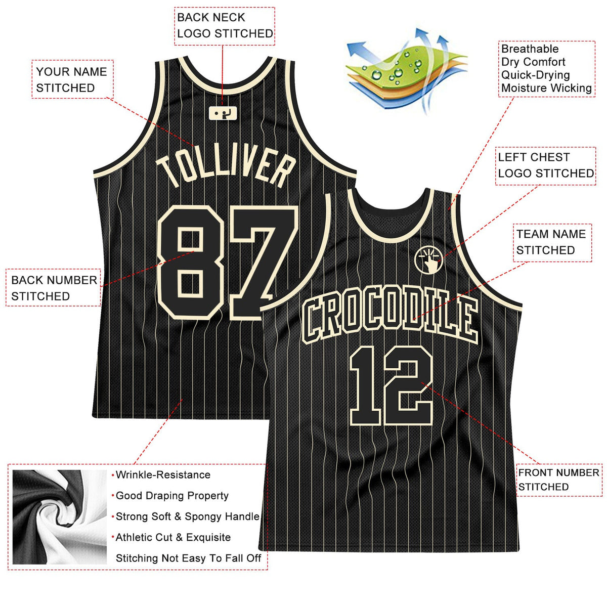 Custom Black Cream Pinstripe Black-Cream Authentic Basketball Jersey - Back