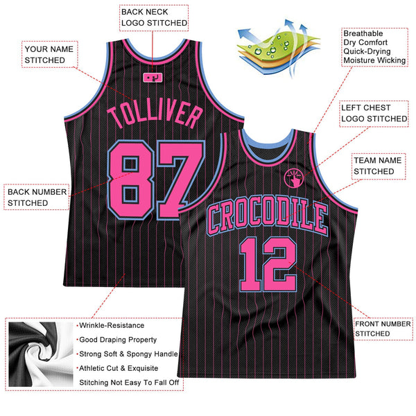 Custom Black Pink Pinstripe Pink-Light Blue Authentic Basketball Jersey alternate