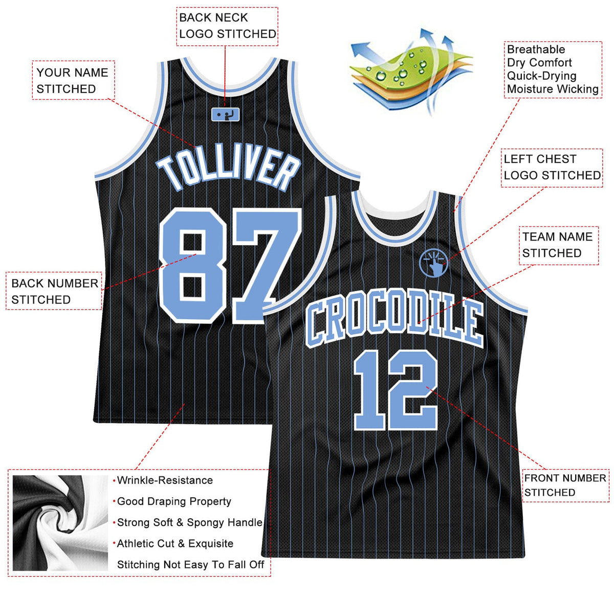 Custom Black Light Blue Pinstripe Light Blue-White Authentic Basketball Jersey - Back