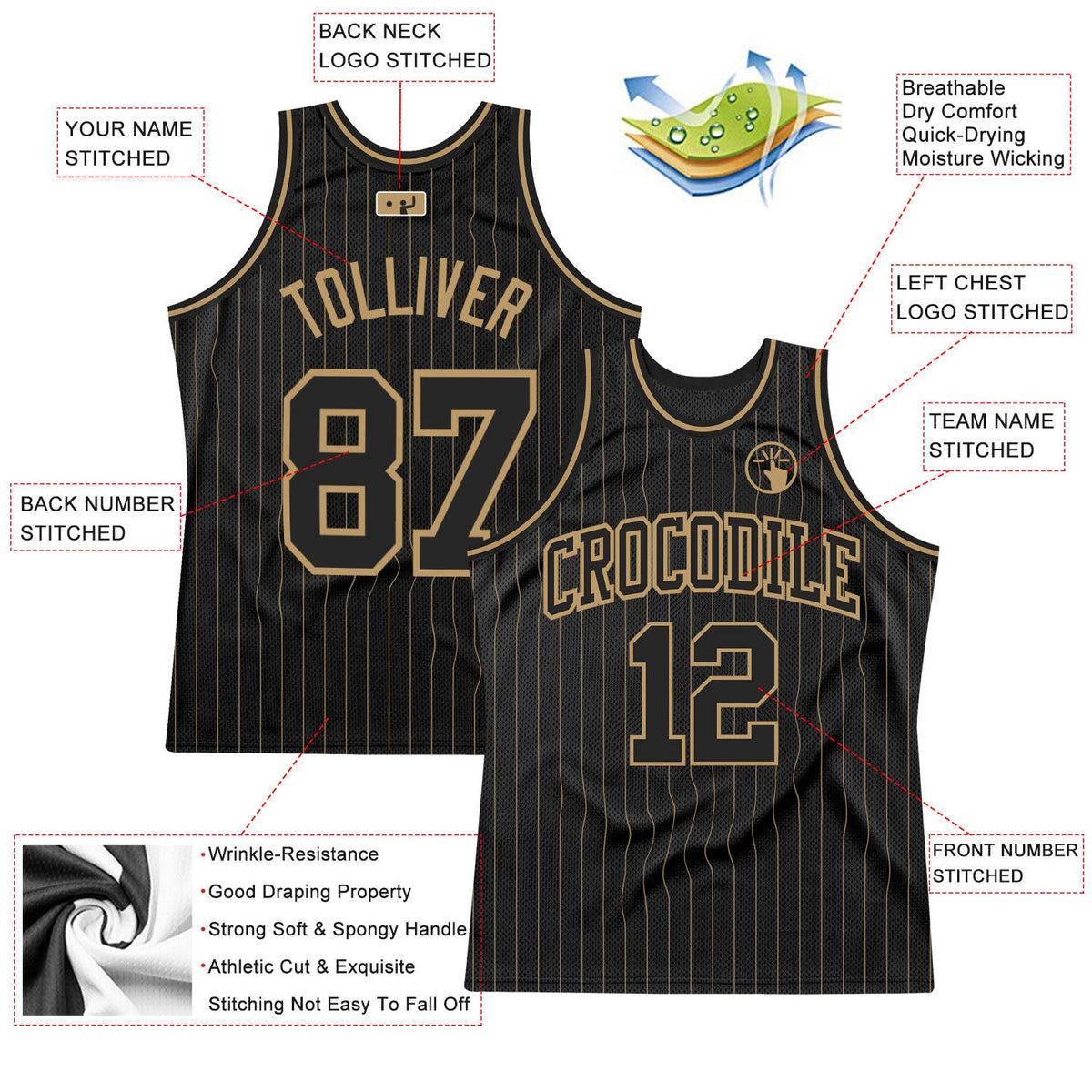 Custom Black Old Gold Pinstripe Black-Old Gold Authentic Basketball Jersey - Back