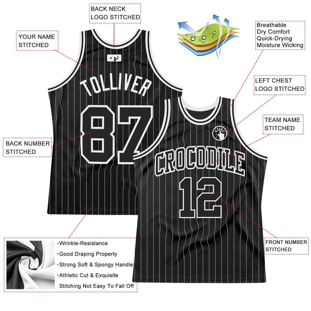 Custom Black White Pinstripe Black-White Authentic Basketball Jersey - Front