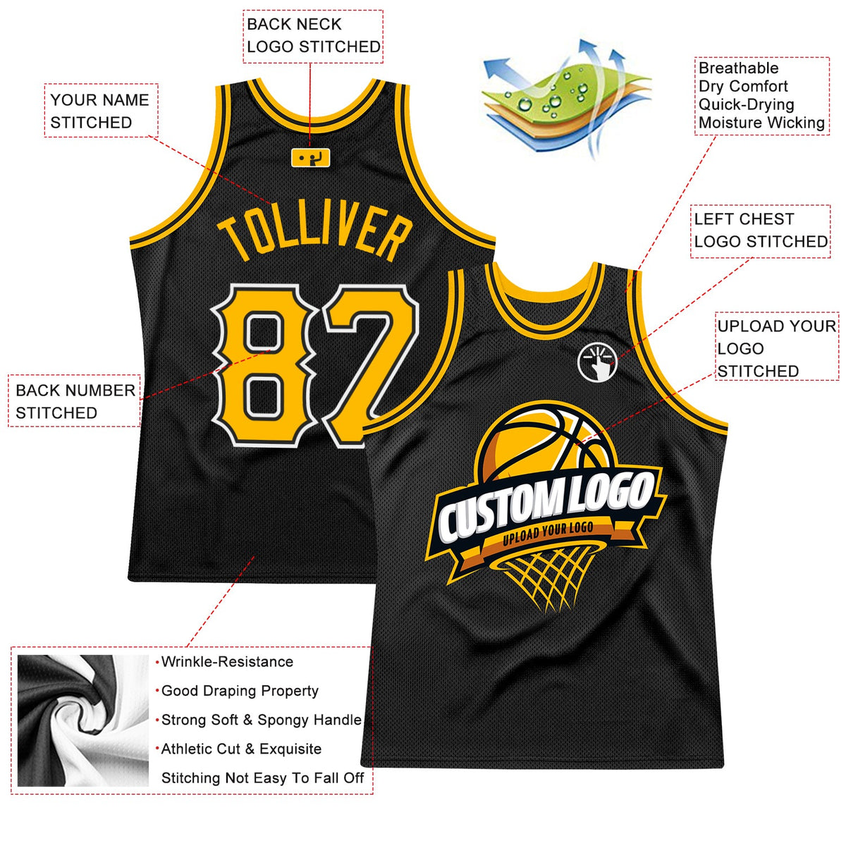 Custom Black Gold-White Authentic Throwback Basketball Jersey - Back