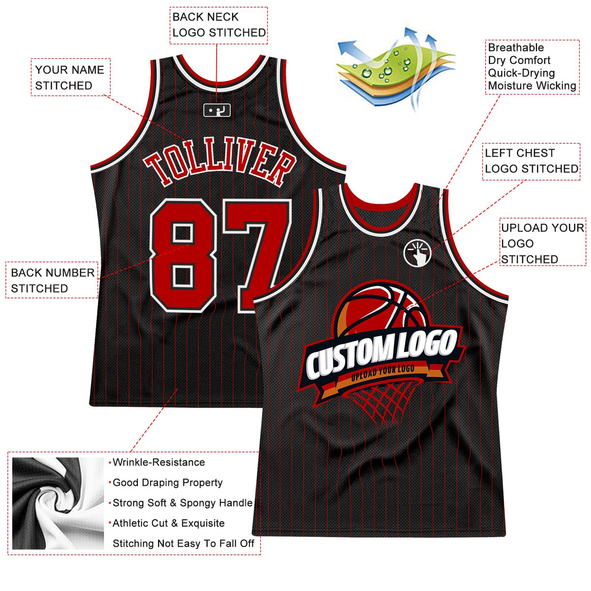 Custom Black Red Pinstripe White Authentic Basketball Jersey - Back