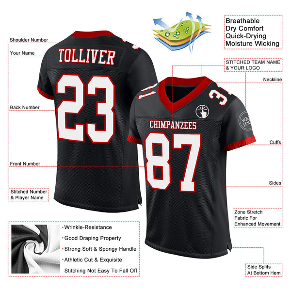 Custom Black White-Red Mesh Authentic Football Jersey alternate