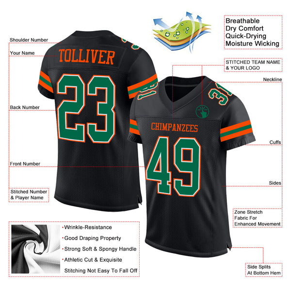 Custom Black Kelly Green-Orange Mesh Authentic Football Jersey alternate