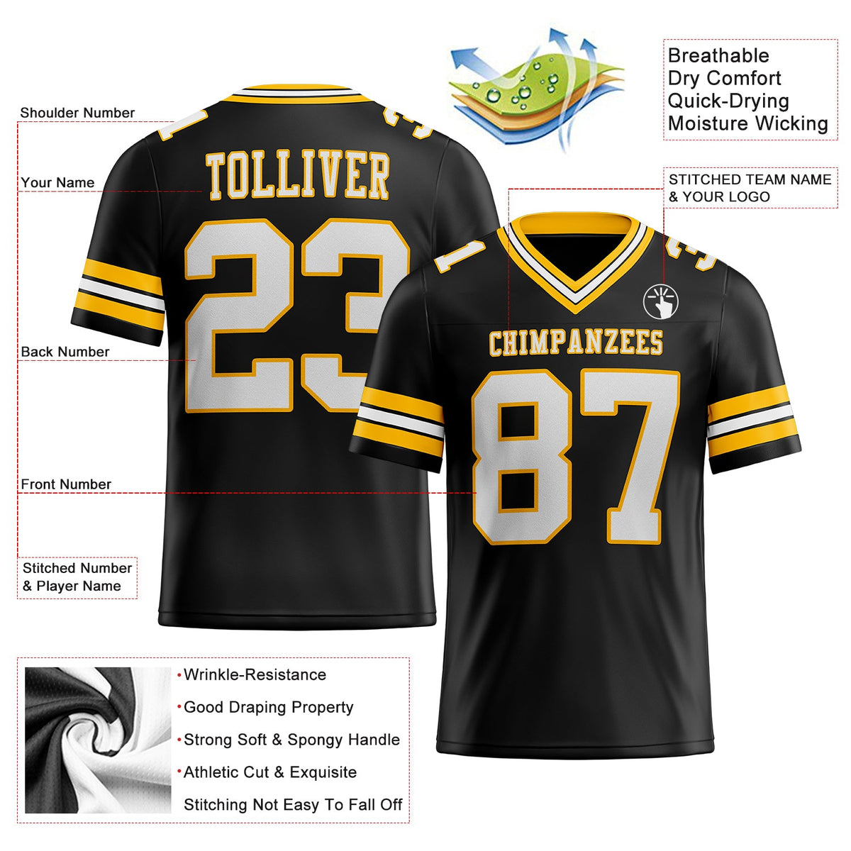 Custom Black White-Gold Authentic Football Jersey - Front