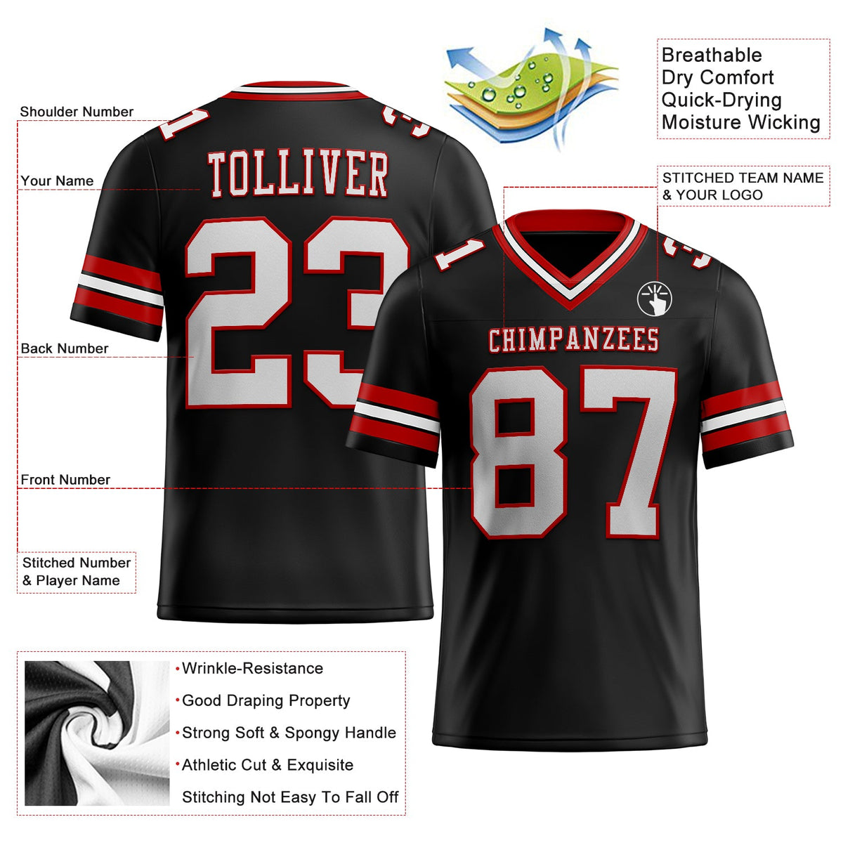 Custom Black White-Red Authentic Football Jersey - Back