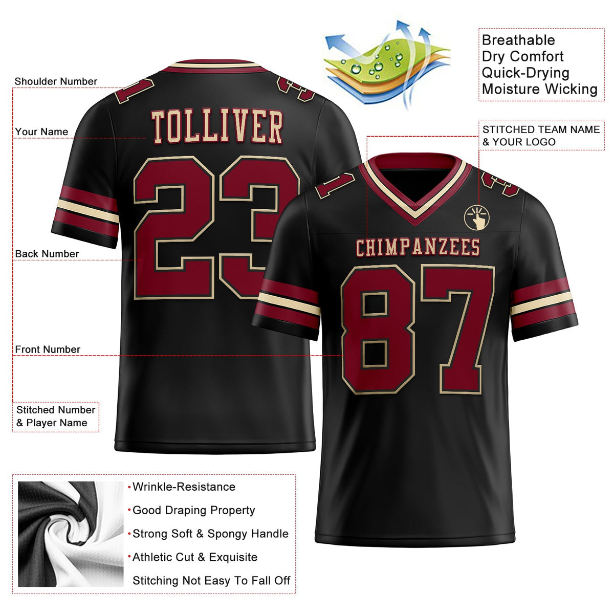 Custom Black Crimson-City Cream Authentic Football Jersey - Back