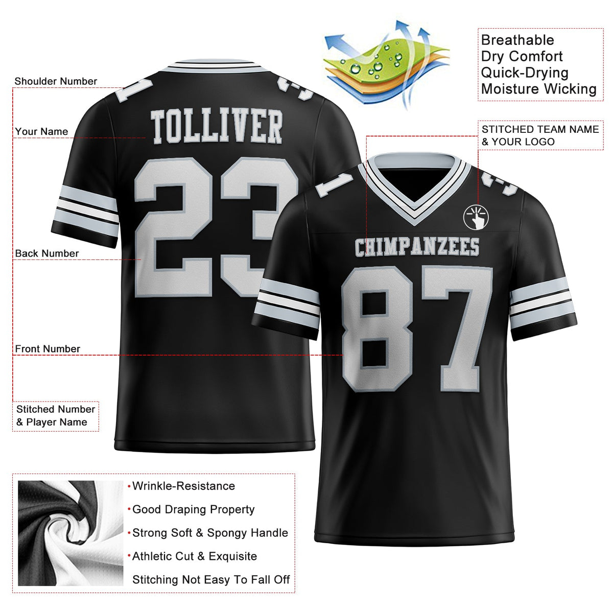 Custom Black White-Silver Authentic Football Jersey - Back