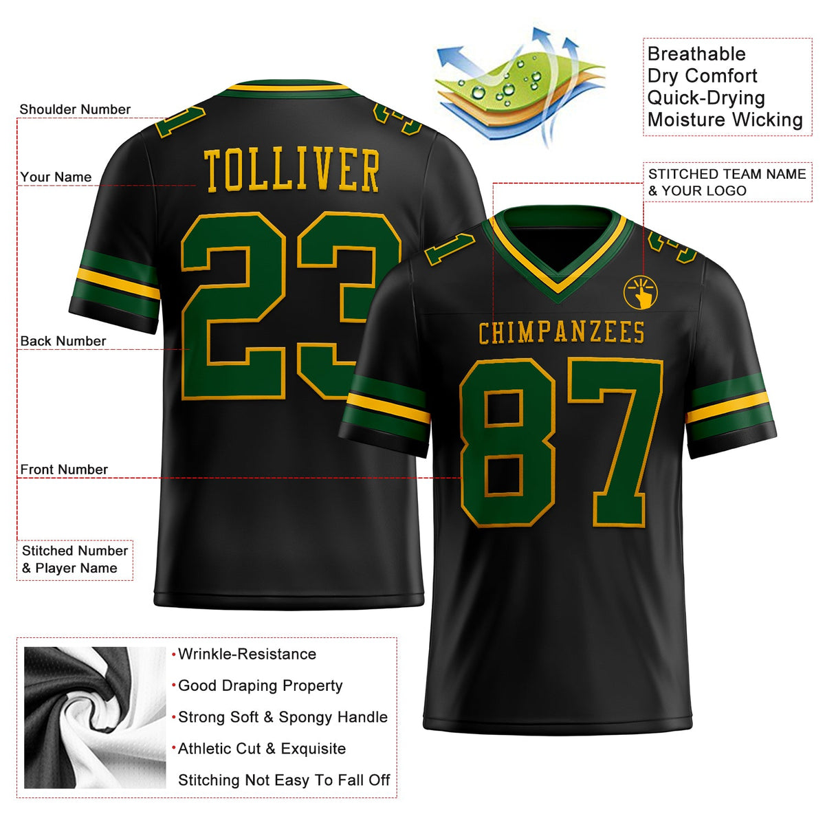 Custom Black Green-Gold Authentic Football Jersey - Back