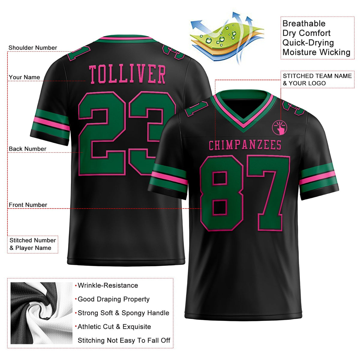 Custom Black Kelly Green-Pink Authentic Football Jersey - Back
