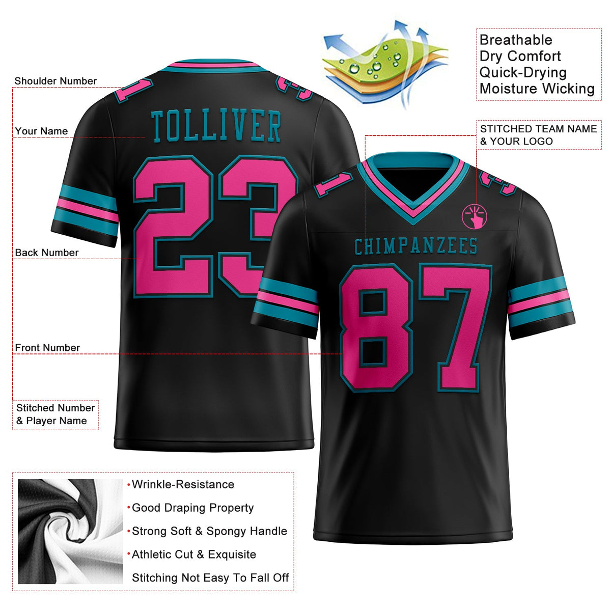 Custom Black Pink-Teal Authentic Football Jersey - Back