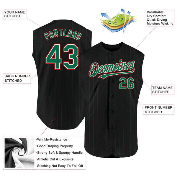 Custom Black Kelly Green Pinstripe White-Red Authentic Sleeveless Baseball Jersey alternate