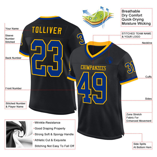 Custom Black Royal-Gold Mesh Authentic Throwback Football Jersey alternate
