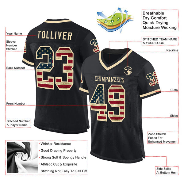 Custom Black Vintage USA Flag-Cream Mesh Authentic Throwback Football Jersey alternate