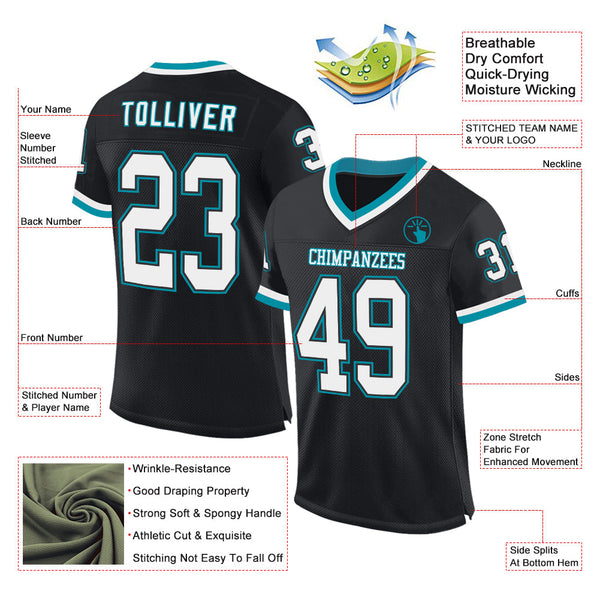 Custom Black White-Teal Mesh Authentic Throwback Football Jersey alternate