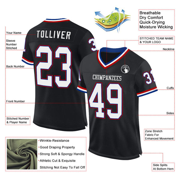 Custom Black Royal-Red Mesh Authentic Throwback Football Jersey alternate