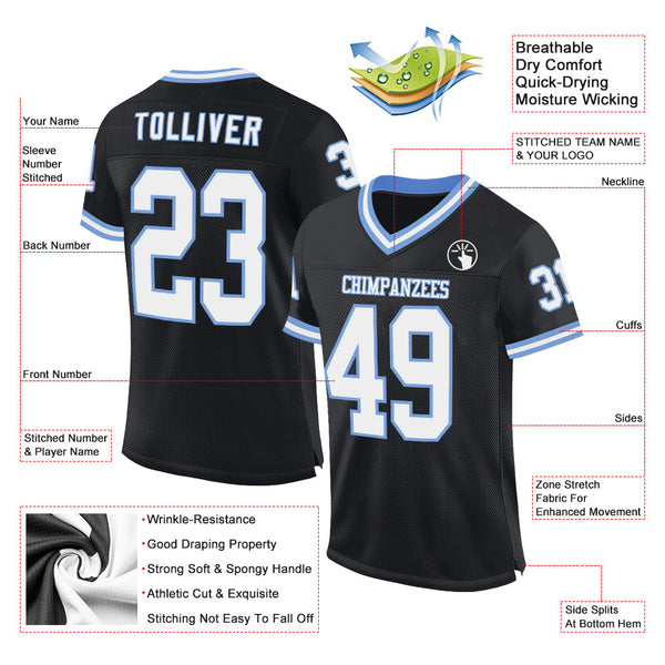 Custom Black White-Light Blue Mesh Authentic Throwback Football Jersey alternate