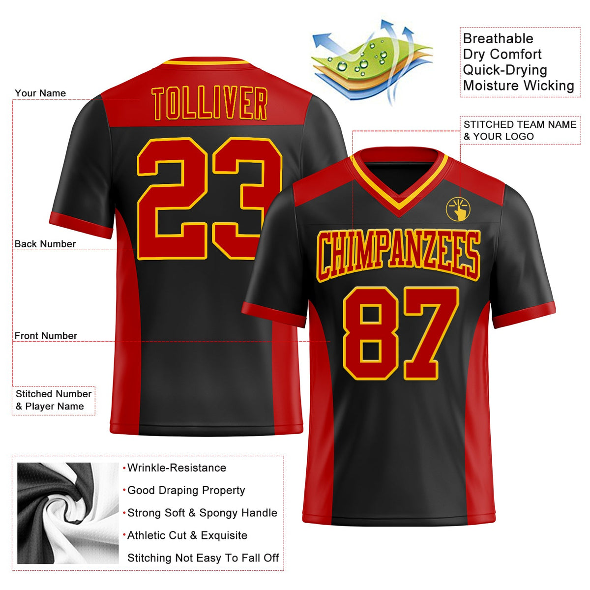 Custom Black Red-Yellow Authentic Football Jersey - Front