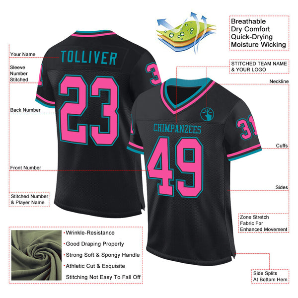 Custom Black Pink-Teal Mesh Authentic Throwback Football Jersey alternate