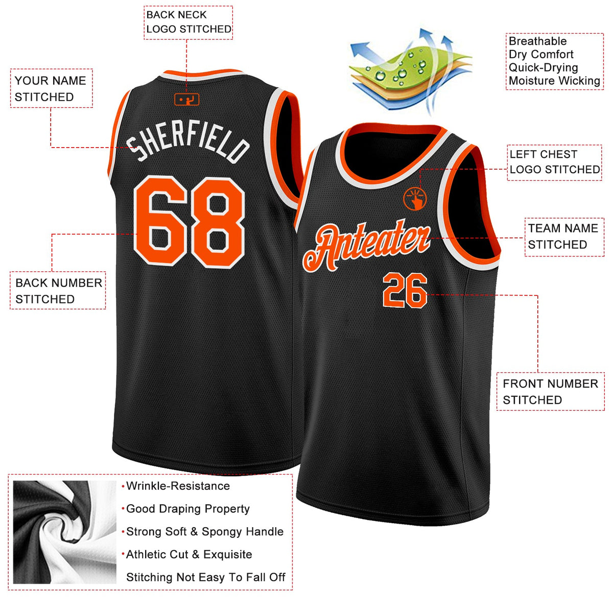 Custom Black Orange-White Authentic Basketball Jersey - Back