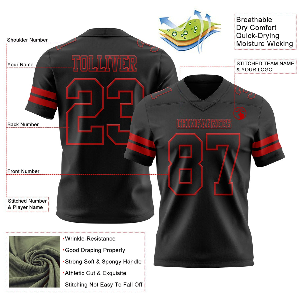 Custom Black Red Authentic Football Jersey - Front