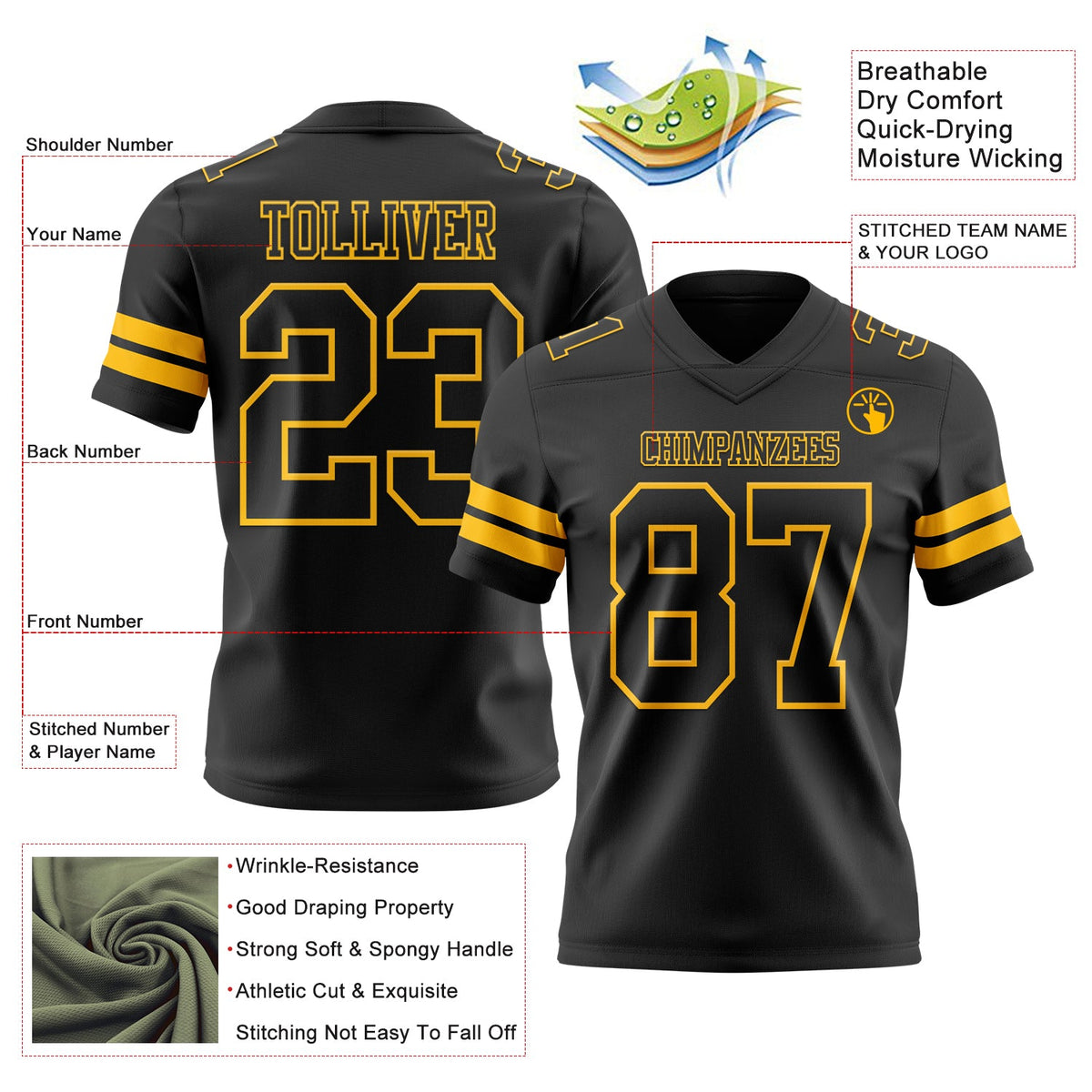 Custom Black Gold Authentic Football Jersey - Front