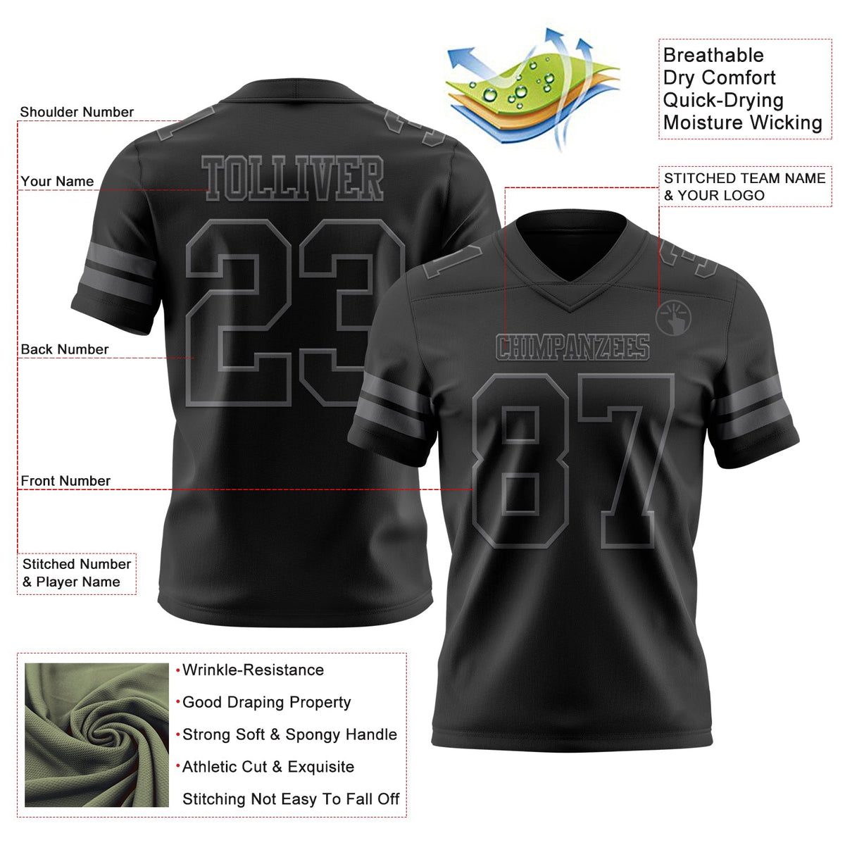Custom Black Steel Gray Authentic Football Jersey - Front