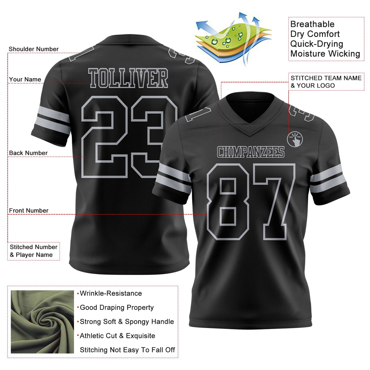 Custom Black Gray Authentic Football Jersey - Front