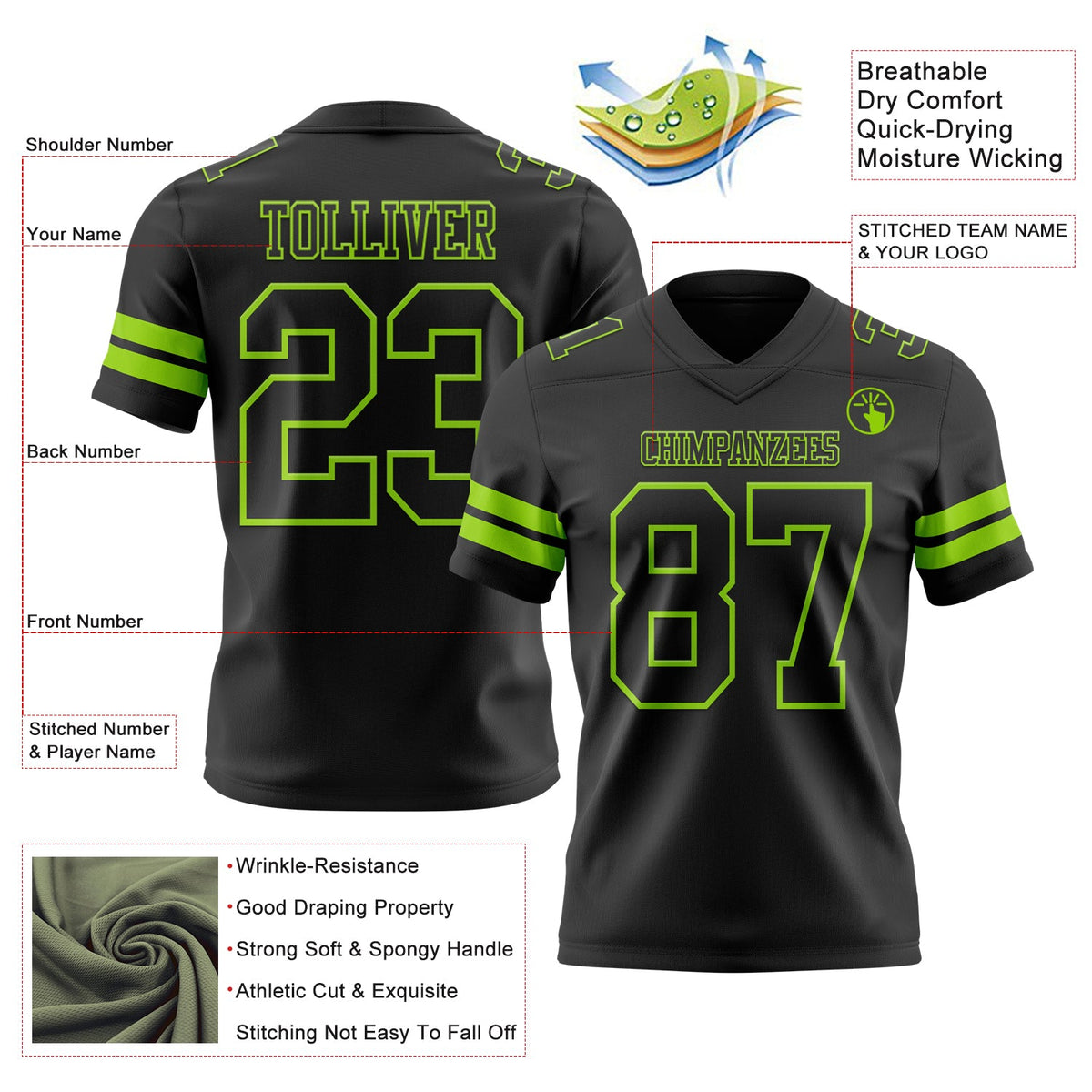 Custom Black Neon Green Authentic Football Jersey - Front