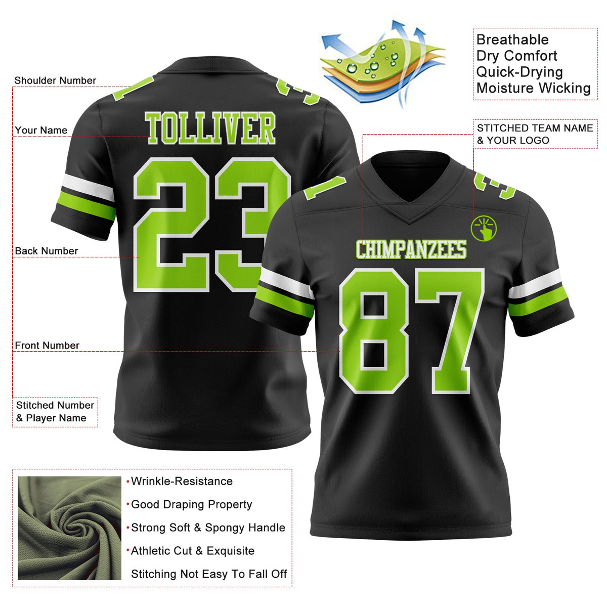 Custom Black Neon Green-White Authentic Football Jersey - Front