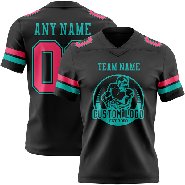 Custom Black Neon Pink-Aqua Authentic Football Jersey alternate