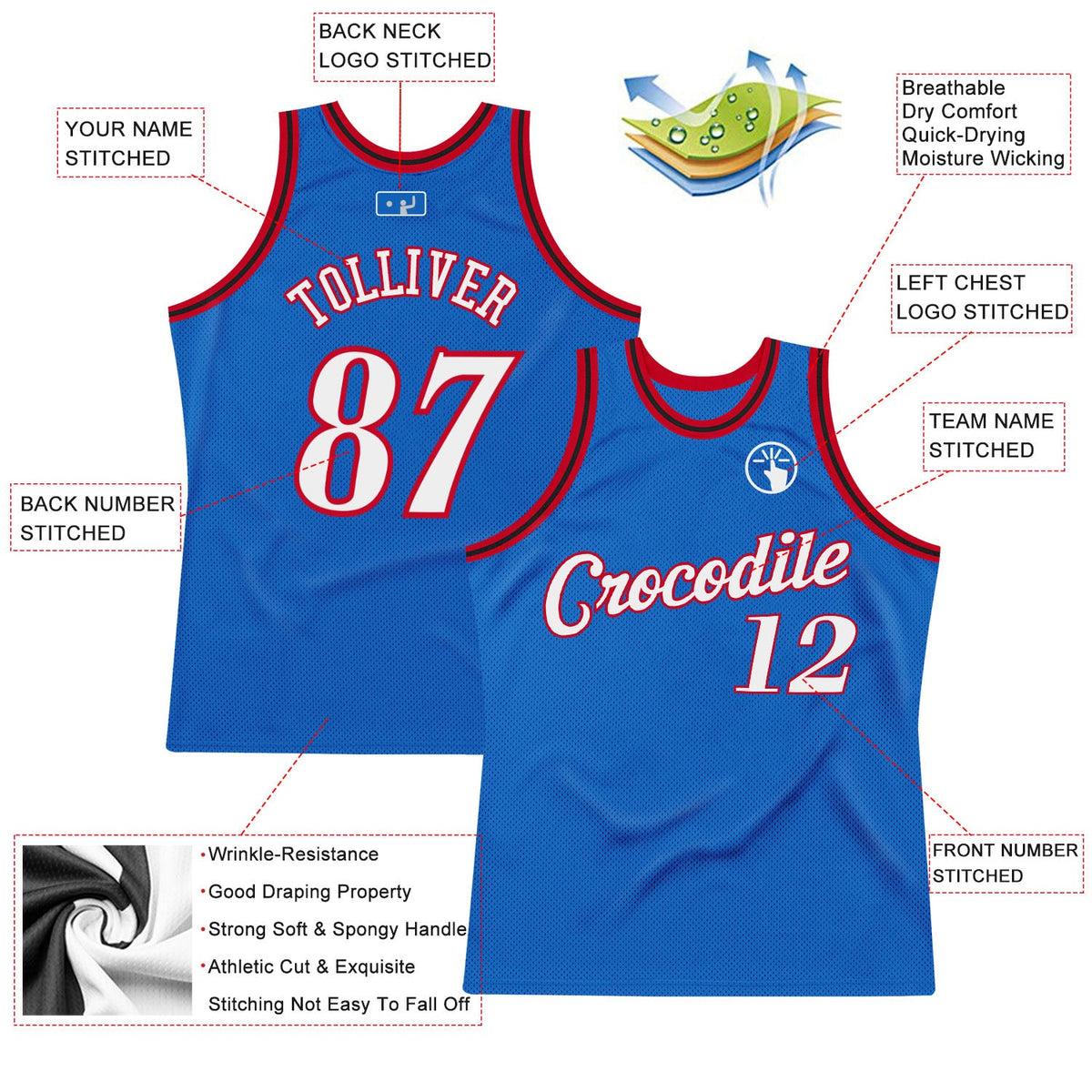 Custom Blue White-Red Authentic Throwback Basketball Jersey - Back