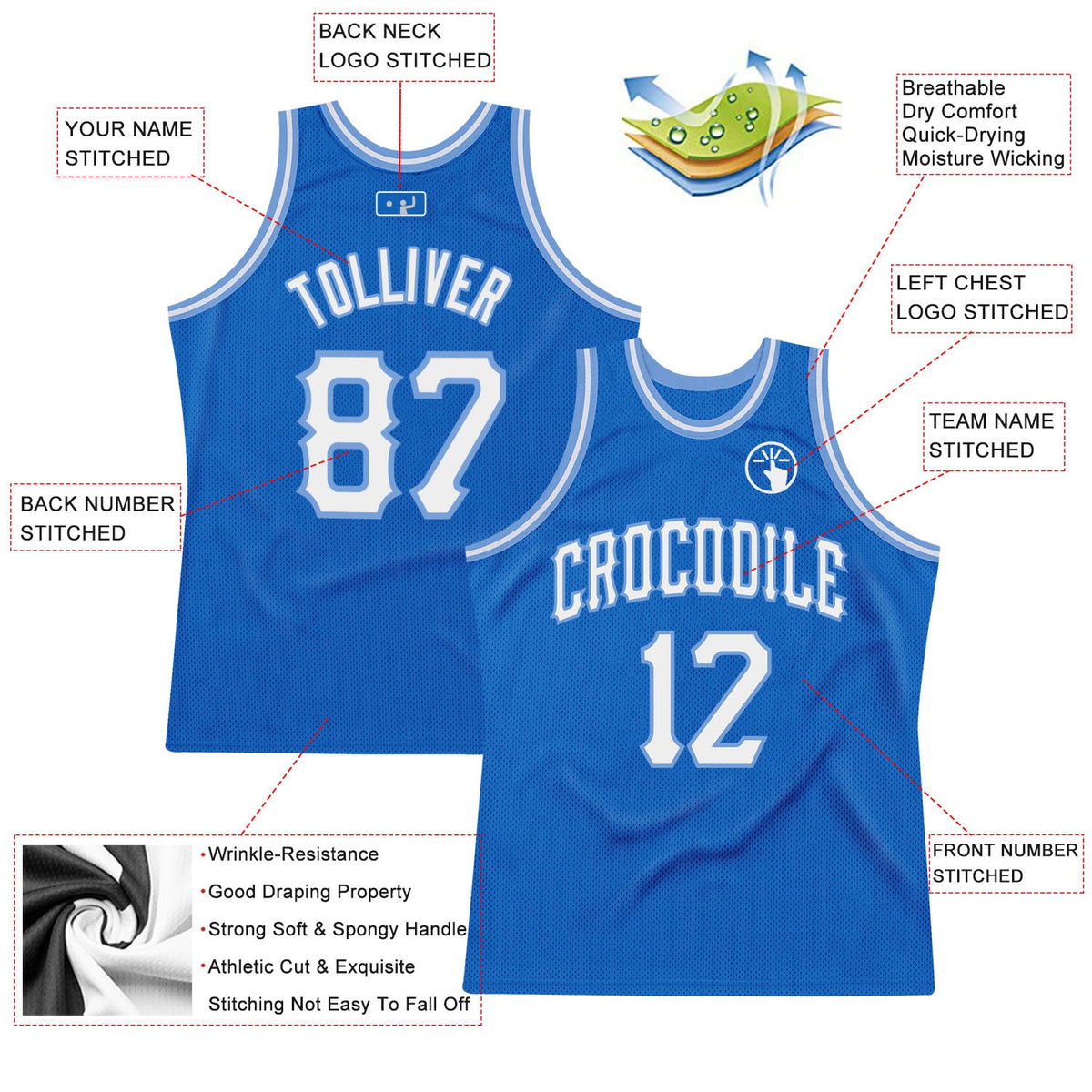 Custom Blue White-Light Blue Authentic Throwback Basketball Jersey - Back