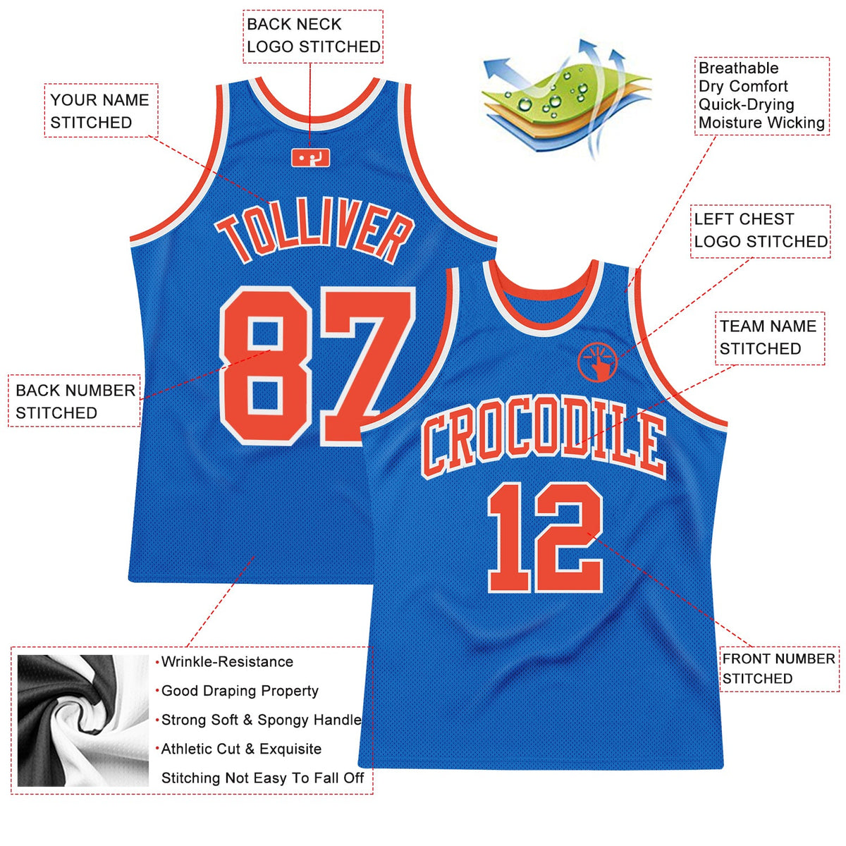 Custom Blue Orange-White Authentic Throwback Basketball Jersey - Back