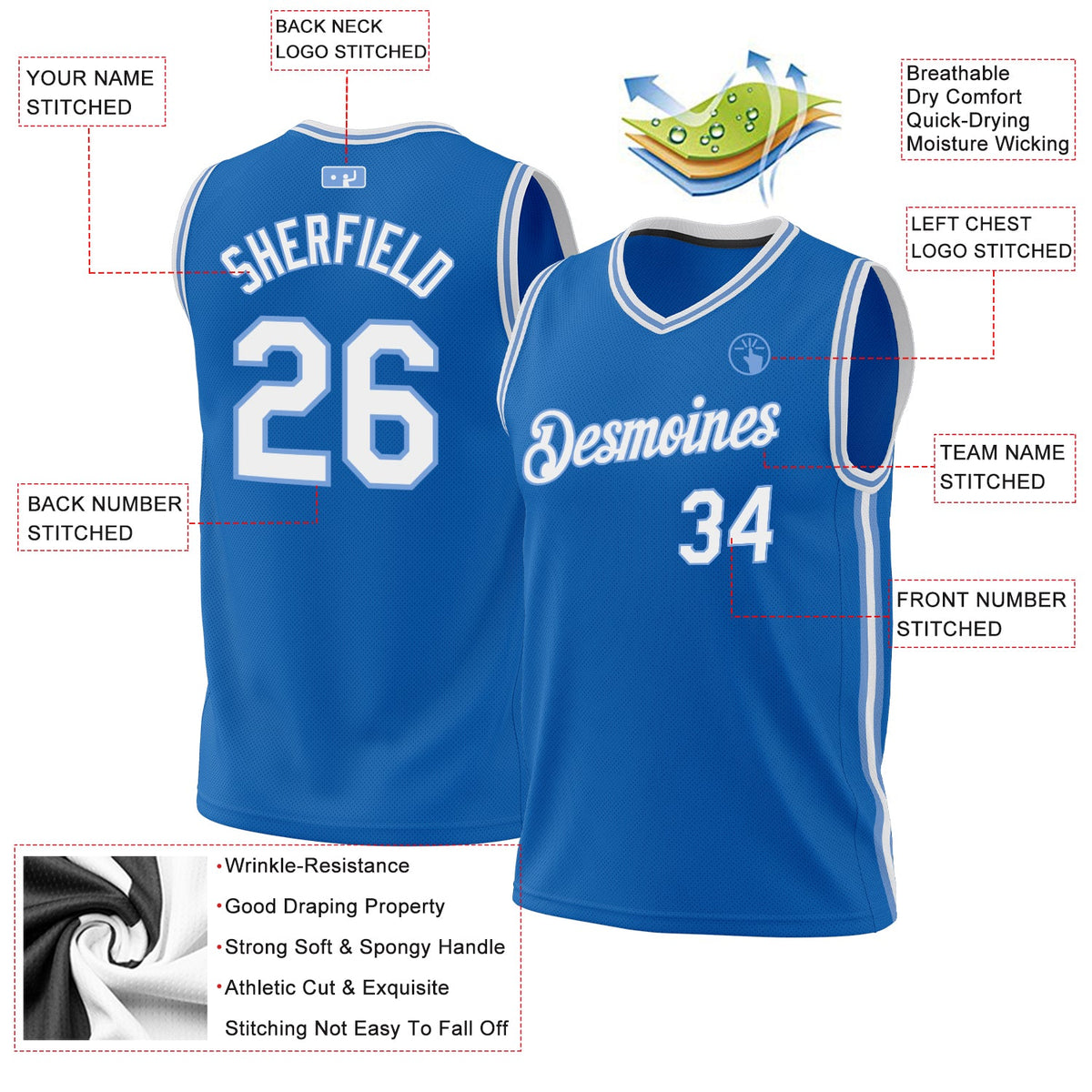 Custom Blue White-Light Blue Authentic Throwback Basketball Jersey - Front