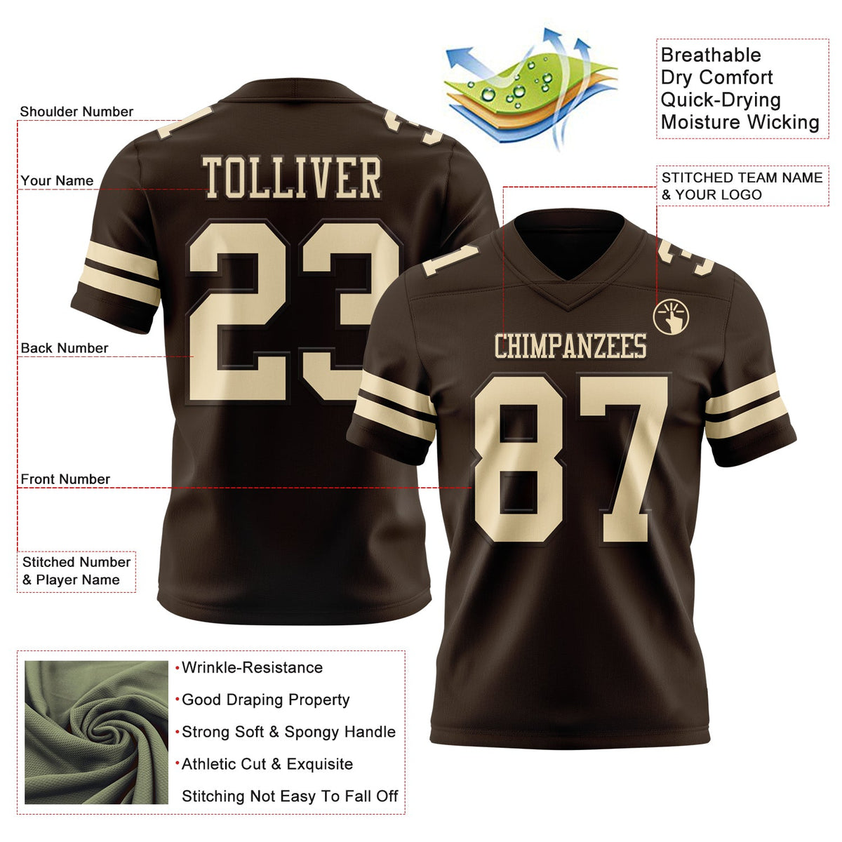 Custom Brown Cream Authentic Football Jersey - Front