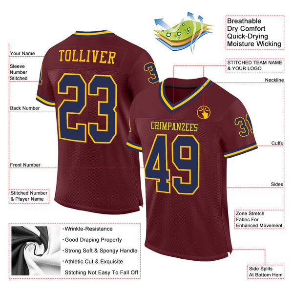Custom Burgundy Navy-Gold Mesh Authentic Throwback Football Jersey alternate