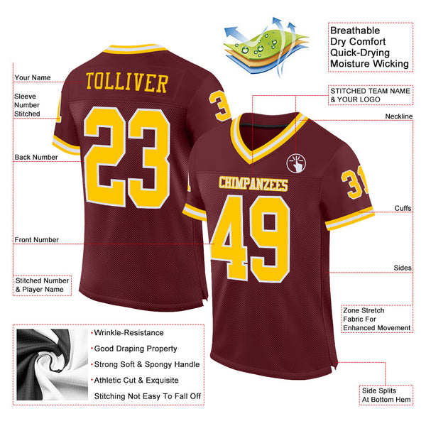 Custom Burgundy Gold-White Mesh Authentic Throwback Football Jersey alternate