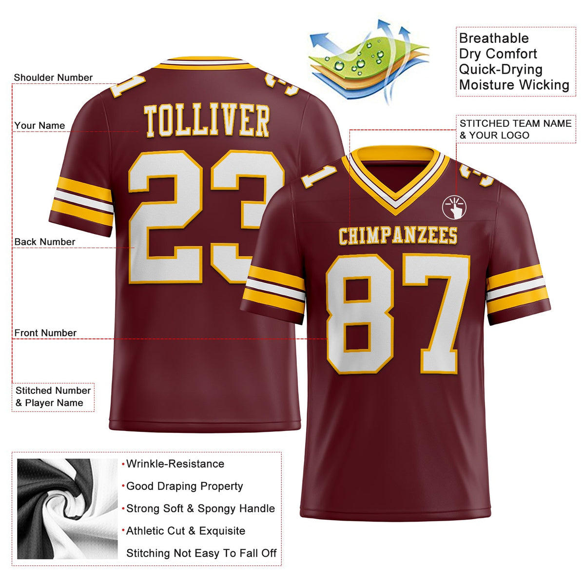 Custom Burgundy White-Gold Authentic Football Jersey - Back