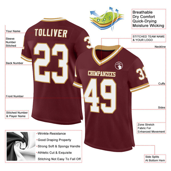 Custom Burgundy White-Old Gold Mesh Authentic Throwback Football Jersey alternate