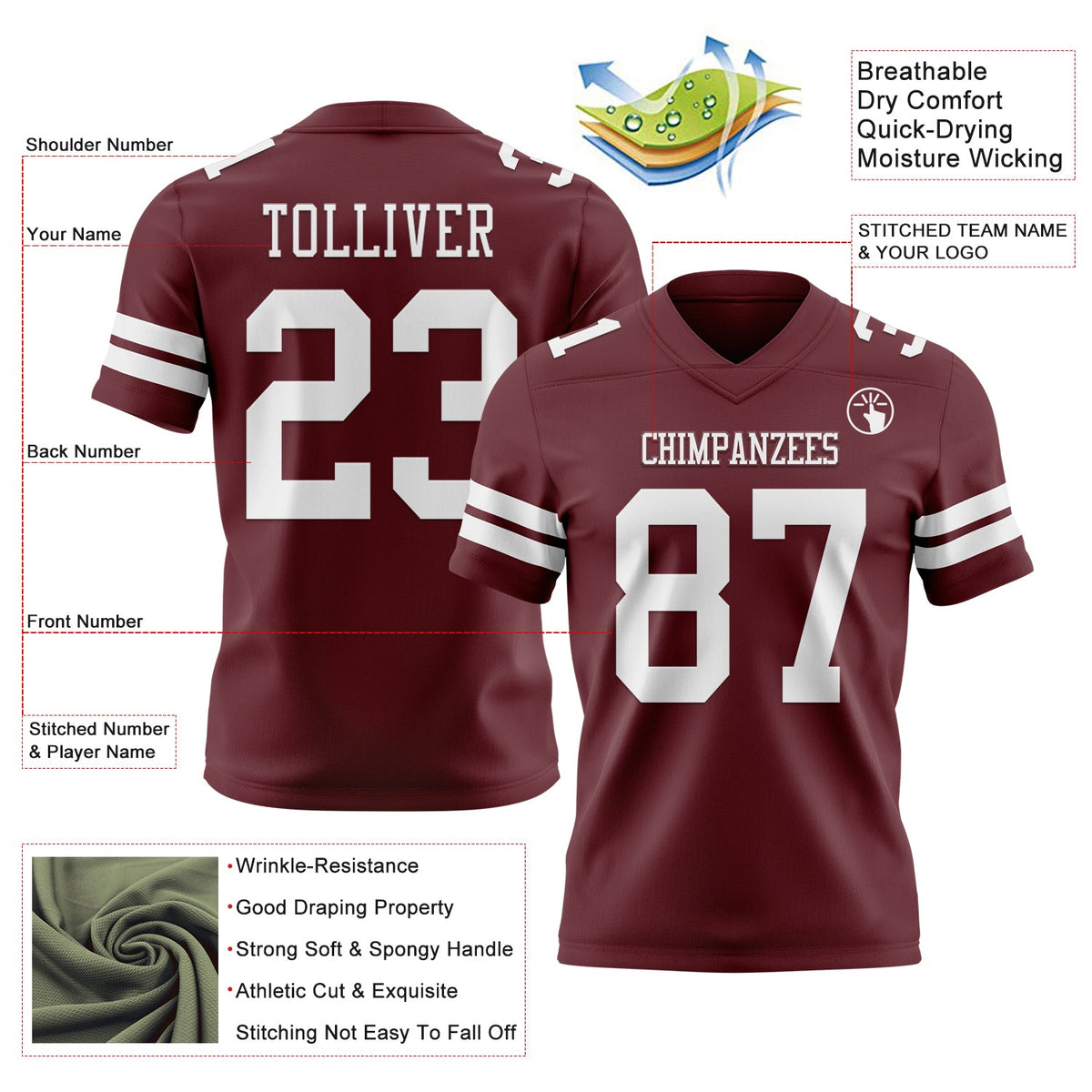 Custom Burgundy White Authentic Football Jersey - Front